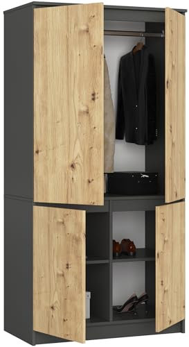BDW 4-Türiger Kleiderschrank - Großes Fassungsvermögen - Elegantes, vielseitiges Design - Universell einsetzbar - Für Schlafzimmer, Wohnzimmer, Büro - 90 cm - mit 4 Fachböden - Grau/Artisan