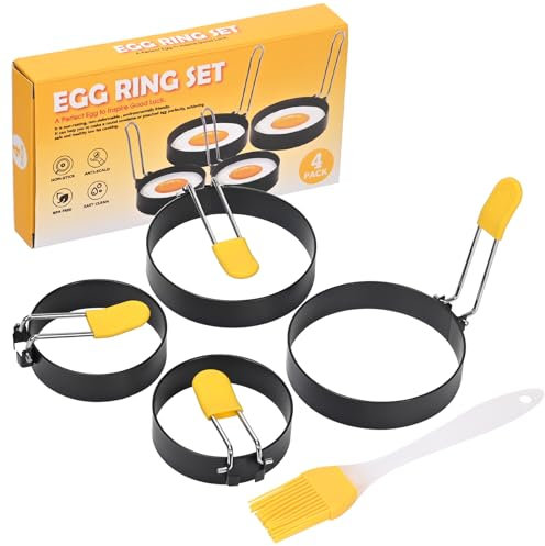 Lot de 4 omelettes, anneaux à œufs antiadhésifs, moule à omelette en inox avec pinceau et manche en silicone anti-brûlure pour omelettes, pain de viande, crêpes