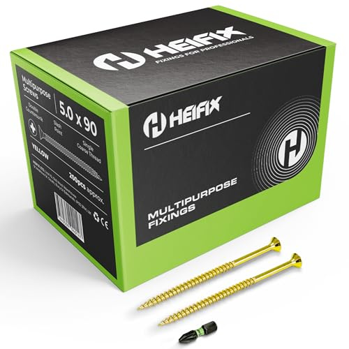 Heifix Multi-Purpose Pozi Wood Screws - 5 x 90mm, 1000 QTY, FREE Screw Bit | Multi-purpose Wood Screws For Timber, DIY And General Fixing. Double Countersunk Pozi Design With FREE Matching Screw Bit.