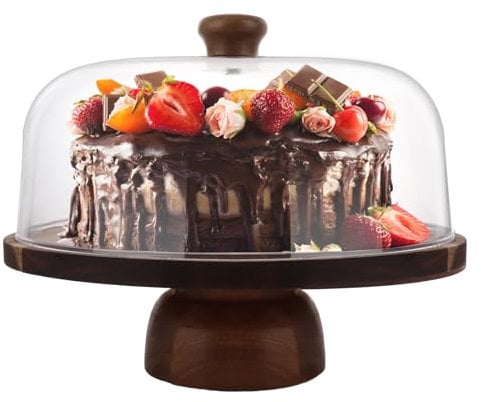 GBACHOOSE Cake Stand with Dome Lid, 11 inch Acacia Wood Cake Plate with Acrylic Cover, Wooden Cake Display Stand with Removable Small Bowl Base for Birthday Wedding Party