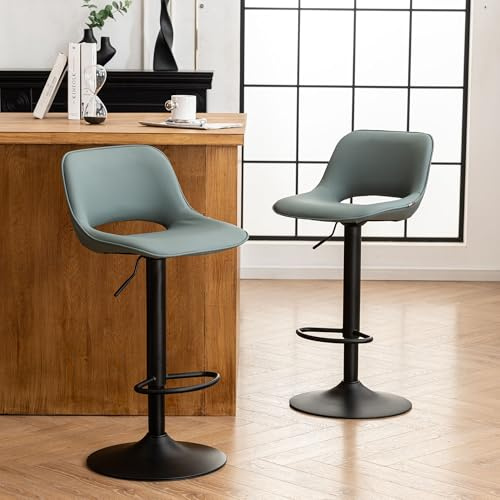 YOUNIKE Bar Stools Set of 2 Modern Swivel Barstools, Adjustable Counter Height Bar Chairs Faux Leather Upholstered Counter Stools with Hollow Back for Kitchen Island, Greyish Green