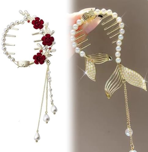 ZORTVUL 2 Pièces Barrette À Cheveux En Forme De Rose Avec Perle Et Pompon - Pour Femme Et Fille - En Métal - Style Vintage - Rouge - Fleurs Roses - Perles - Pour Femmes Et Filles