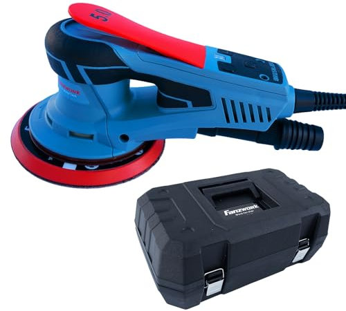FANZWORK Exzenterschleifer 150mm,Schleifmaschine mit 5mm Schleifhub,350W Bürstenlosen Motor, 7-Stufige Drehzahlregelung, inkl. Tellerbremse, 15x Schleifpapier, 1x Ersatz-Schleifteller, Tragkoffer