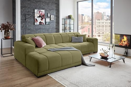 möbelando Wohnlandschaft >Puppet< in Khaki, Ottomane Links, Metallfüße schwarz, Nosagunterfederung, Polyätherschaum, Schenkelmaß ca. 301x195 cm, inkl. 2 Zierkissen, 301x81-113x195 cm (BxHxT)