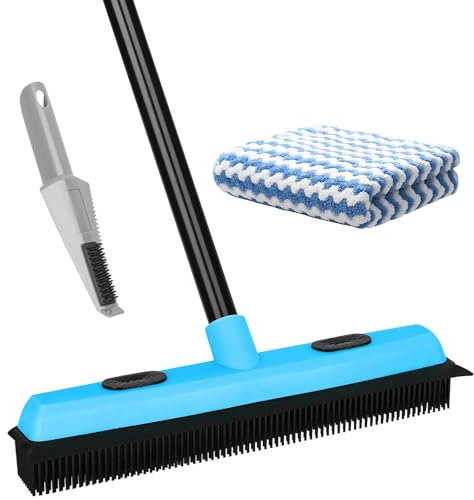 KeFanta Rubber Broom Carpet Rake for Pet Hair Removal, 51 Long Handle Fur Remover Broom with Squeegee, Pet Hair Broom for Carpet, Hardwood Floor, Tile