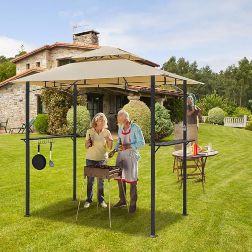 UNIONLINE Grillpavillon 2,4m×1,5m, Grillüberdachung für Außengrill, 2-stufige BBQ-Gazebo-Überdachung für Terrasse, Garten und mehr (Beige)