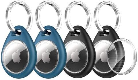 UNBREAKcable Supporto per Apple AirTag - Confezione da 4 [Design Preciso] [Facile da Installare] [Mantiene l'AirTag Sicuro] Custodia Impermeabile in TPU con Portachiavi, Nero + Blu