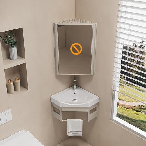 Pounjsd Lavabo In Ceramica Con Rubinetto Adatto, Lavandino Bagno con Mobiletto, lavabo angolare sospeso, mobile da bagno angolare 38×38cm, mobile lavabo bagno angolare per Piccoli Spazi