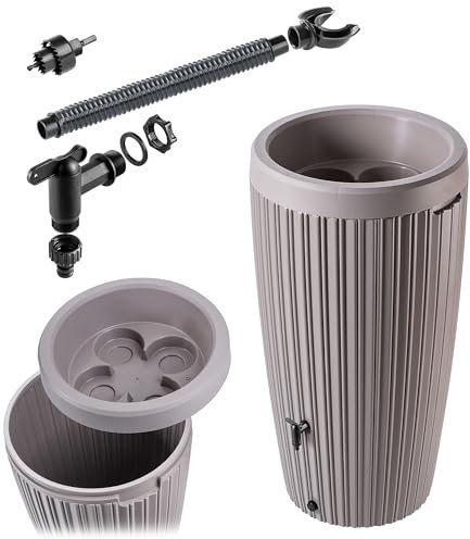 KADAX Regentonne mit im Deckel integrierter Pflanzschale 240 L, Regenfass aus Kunststoff, Regenwasserbehälter mit Wasserhahn, Frostsicher Regentank (Grau/Beige)