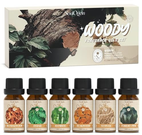 SoulOrigin Ätherisches Öl aus Holz Holz Duft Öle Set, Duft Öl Set für Öl Diffusoren, Duftöle für Seife Kerze Herstellung 6x10ml - Sandalholz, Zeder, Bambus, Teakholz, Vetiver und Wald Kiefer