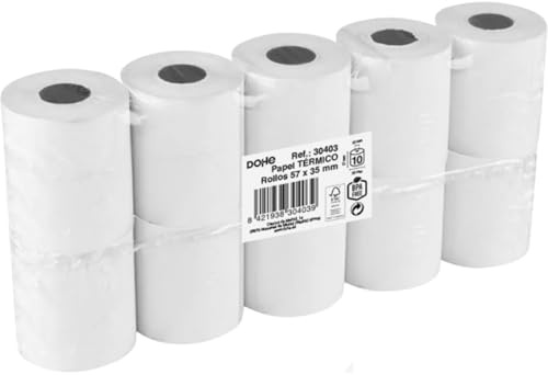 Dohe - Rouleaux Papier Thermique 57x35 mm (10 u.) - Mandrin ⌀12 mm, Longueur 7,5 m, Tickets pour Terminaux de Paiement, Caisses Enregistreuses, Imprimantes POS et EPOS, Épaisseur 60 g/m², Sans BPA