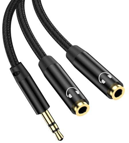 Audio Splitter Kabel, Aux 3.5mm Splitter Adapter 1 in 2 Out, Klinke Splitter Kopfhörer Adapter für Samsung Galaxy A15 A14 A13 A12 A34 A24 A06s A05s S10 S9 S8, iPhone 8/7/6, PC, Tablet, Lautsprecher