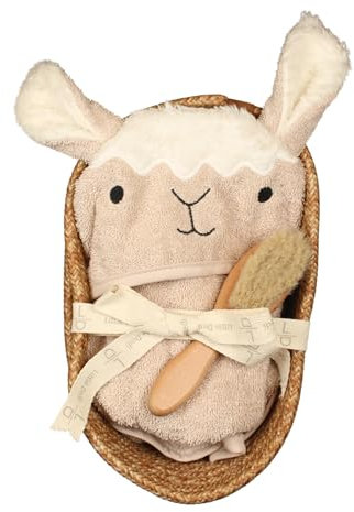 Little Dedi Baby Geschenkset zur Geburt – 3-teiliges Set mit Kapuzenhandtuch Teddy aus Bio-Baumwolle GOTS Zertifiziert, Naturhaarbürste & Handgemachter Aufbewahrungskorb – Erstausstattung Neugeborene