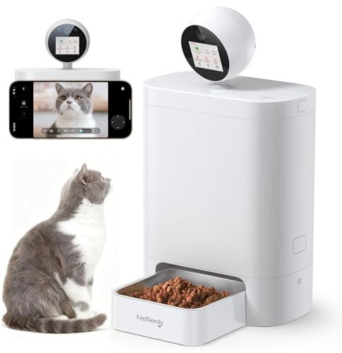 FEELNEEDY 5.5L Futterautomat Katze mit 3MP HD-360° Kamera, 2,4G/5G WiFi KI Katzenfutter Automat mit Nachtsichtfunktion & Zwei-Wege-Audio, IPS-Display, APP-Steuerung, Videoaufzeichnung