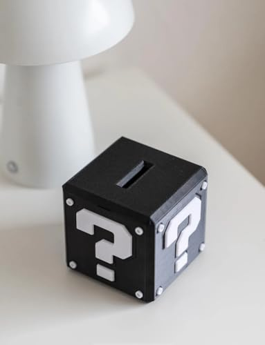 Fragezeichenblock Spardose – Schwarze Würfel-Spardose im Gaming-Stil | 3D-Druck Deko für Nerds & Gamer | Geschenkidee für Kinder & Erwachsene (Grau)