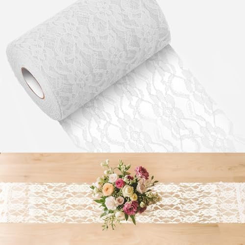 Tischläufer Spitze Spitzenband Weiß 15cm x 25m Exquisit Spitzenstoff Abwaschbar Tischdeckenrolle für Hochzeit Taufe Festliche Dekoration