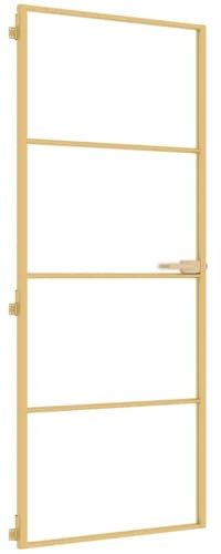 Hommdiy Innentür Zimmertür Komplettset Glastür mit Griff Eisenschloss Drehtür Tür aus Glas 83 x 201.5 cm 3 horizontale Profile Gold und matt