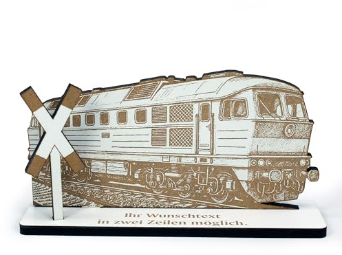 DEKOLANDO Aufsteller Diesellok Rangierlok Diesel Locomotive – Geldgeschenk Geschenk 15x7 cm für Lokführer personalisierbar – braune Gravur, Geschenkidee für Eisenbahnfreunde
