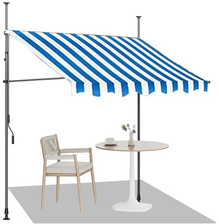 HUFIREHU Markise Balkon Ohne Bohren,Klemmmarkise,Markise 3m Breit,HöHenverstellbarer Sonnenschutz,Gelenkarmmarkise,Mit Handkurbel & Terrasse(Blue-White,1.5M/4.9FT)