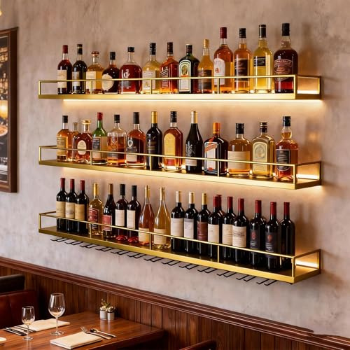 Portabotellas de Pared con Luces LED y Portavasos - Exhibidor de 3 Estantes para Vino,Estructura Metálica Resistente | Organizador Colgante Ideal para Home Bar,Cafeterías, Restaurantes (oro, 140cm)