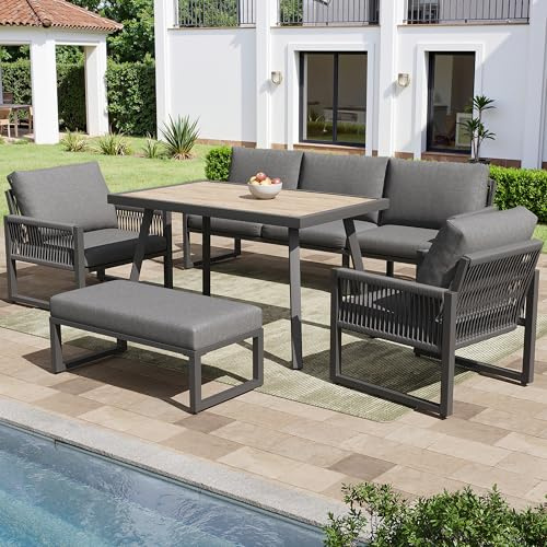 QXJVA Großes Gartenmöbel Set 6-7 Personen Outdoor Sofa Set Glastisch in Holzoptik Gartenlounge Set Geflochtenes Seil Terrassenmöbel Pflegeleicht Grau für Garten Balkon Terrasse