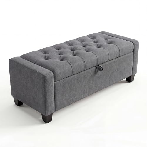 TUFSPRAX Banc de Rangement Bout de Lit en Tissu Aspect Lin Gris, Coffre de Rangement Rembourré avec Pieds en Bois de Caoutchouc, Banquette de Rangement pour Chambre, Salon et Entrée, 123x49x42cm