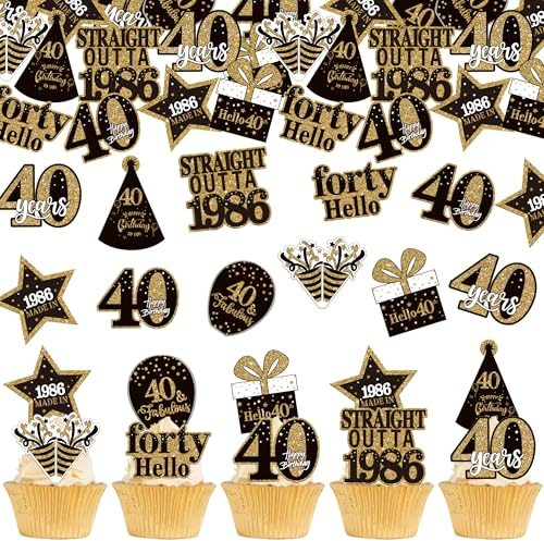 Xsstarmi 63 Pack 40th Birthday Edible Cupcake Toppers Rice Paper Straight Outta 1986 Made In 40 Hello Cupcake Picks for Cheers to 40 Years Birthday Party Cake Decorations Supplies