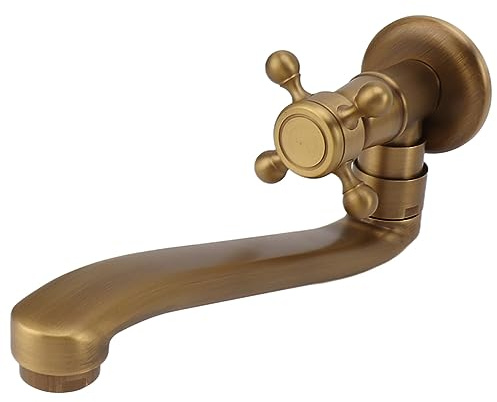 GLOGLOW Rubinetto da Giardino Antico Rubinetto Singolo per Acqua Fredda con Montaggio a Parete in Rame Design Vintage con Beccuccio Lungo Esteso per il Lavaggio del Cortile Esterno (bocca tonda)