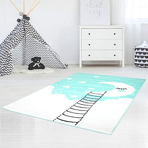 Kinderteppich Mond Sterne Mint - 160x230 cm - Teppich Kinderzimmer für Jungen und Mädchen