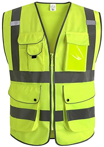 XIAKE Unisex 9 Taschen Warnweste Hohe Sichtbarkeit Weste Reflektierende EN ISO 20471 Standards mit Reißverschluss Gelb 4XL