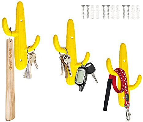 Comfify 3er-Set - Gusseiserne Kaktus-Doppelwandhaken/Bügel - Dekorative Wandhaken für Mäntel, Taschen, Handtücher und mehr - mit Schrauben und Ankern - Farbe rustikal gelb