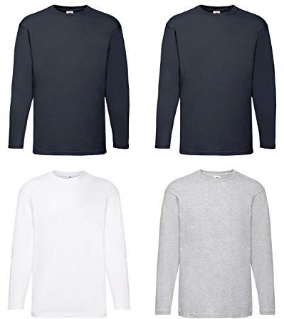Fruit of the Loom Set di 4 magliette a maniche lunghe da uomo, in cotone, a maniche lunghe, in diversi colori, M L XL 2XL 3XL 4XL 5XL & HL