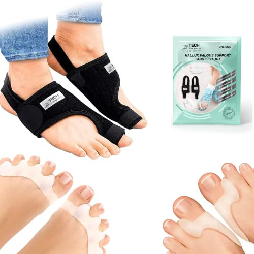 Tech Therapeutics Hallux Valgus Korrektur Schienen Kit Tag und Nacht - mit flexiblen und starren Riemen - Neoprenschienen Hallux Valgus Bandagen Kit mit Silikon-Zehentrennern und Dilatatoren