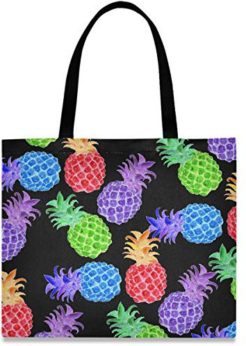 visesunny Große Damen-Einkaufstasche Stoffbeutel Handtasche aus Segeltuch mit buntem Ananas-Griff, lässig, wiederverwendbar, für Strand, Reisen, Lebensmittel, Bücher