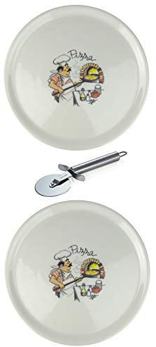 Saturnia XXL - Piatto pizza in porcellana, con diversi motivi, con tagliapizza in acciaio INOX, 2 pezzi, diametro 31 cm