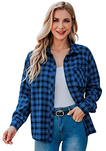 Irevial Damen Hemd Kariertes Langarm, Damen Oberteile Elegant Bluse Urban Style Hemdbluse Casual Stehkragen mit Taschen Knöpfen Blusenshirt Oberteile Tunika Shirt Blau + Schwarz-M