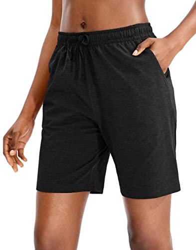 ANFTFH Sommer Kurze Hose Damen High Waist Shorts Locker Sport Freizeithosen Athletic Sweatshorts mit Taschen Gummibund Bermuda Shorts Damen Knielang Schwarz L