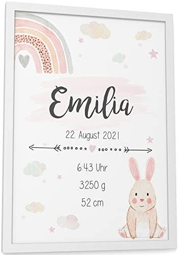 Papierschmiede® Geburtsposter, Name & Geburtsdaten personalisiert, DIN A4 (21x30 cm), Geburtsposter, Geburtsanzeige, Baby Geschenk Bild Geburt - ohne Rahmen - Verspielt Rosa Mädchen
