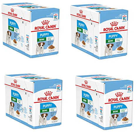 Royal Canin Mini Puppy | 4er Pack | 4 x 12 x 85 g | Nassfutter für kleine Hundewelpen | Bis zum 10. Lebensmonat | Feine Stückchen in Soße | Weiche Textur für die Milchzähne