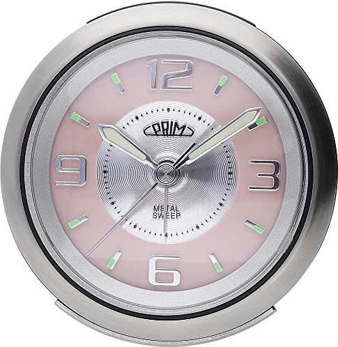 PRIM Steel Wecker Modern Alarm Clock, Metall und Kunststoff, Silber/Rosé, LED Nachtlicht, Analog, Quarz-Uhrwerk Sweep, Lauter Alarm, Snooze, Schlummerfunktion Nachttisch Dekoration