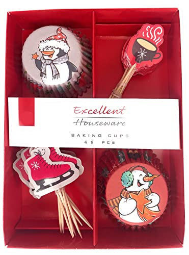48-teiliges Muffin Cupcake Deko Back Set Weihnachten, X-Mas Motive Pinguin, Schneemann, Schlittschuh, Tasse (Design 2)