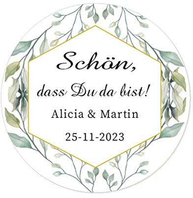 50 PERSONALISIERT Hochzeit Aufkleber,Schön, dass du da bist! grüne Pflanzen 40mm Gastgeschenke Aufkleber für Hochzeit, Verlobung,Taufe, Geburtstag, Kommunion, Party, Weihnachten - Rd 059 (004)