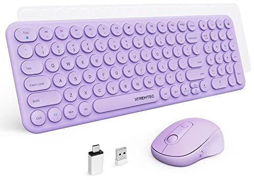 Wireless Keyboard and Mouse, XTREMTEC Compact Size Cute Keyboard Retro Round Keycap - 2.4GHz Ultra-Slim Quiet Aesthetic Keyboard for Laptop iMac Windows US Layout(Purple)