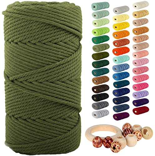 Army Green Macrame Cord 5mm x 109 Yards, Munzong 100m Colorful Handmade Natural Cotton Rope Macrame Yarn 4 Strand Twisted Craft Cords for Wall Hanging Plant Hangers Crafts Knitting Decorative Project