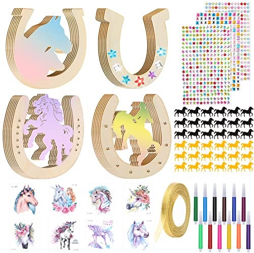 Weysoo Hufeisen Holz, 49 Stück Hufeisen Kindergeburtstag mit Pferd Konfetti/Aquarellstift/Glitzersteine/Glitzerbändern/Tattoo stickers, Hufeisen Holz zum Bemalen für Kinder Party, DIY - 4 Stile