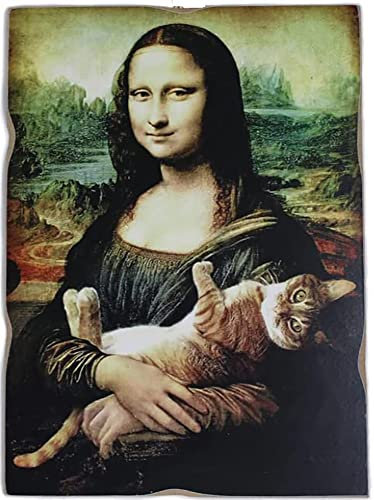 Kustom Art Magnet (Magnet) La Gioconda Mona Lisa L. Da Vinci mit Katze im Vintage-Stil, Kollektion, Druck auf Holz, 10 x 6 cm