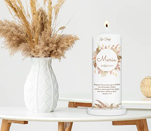 wolga-kreativ moderne Kerze zur Taufe Kommunion Konfirmation Geburt Taufkerze 20 cm x 7 cm Boho Blumen-kreis Maria für Mädchen Jungen personalisiert Name Datum Taufspruch