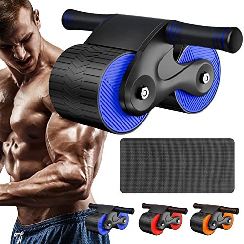 Automatischer Rückprall-Abdominal-Roller, Bauchmuskeltrainer, mit Matte, Roller für Bauchtraining, mit stabilen Doppelrädern und automatischem Rückprall (blau)