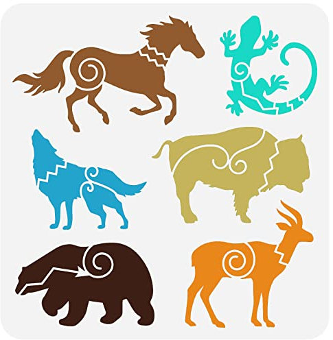 FINGERINSPIRE Südwest Tierschablone 30x30 cm Wiederverwendbar Pferd Wolf Bär Hirsch Kuh Ziege Zeichenschablone DIY Kunst Tierdekorationsvorlage Zum Malen Auf Holz Wand Und Möbel