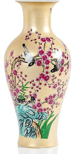 Qinlang 35,6 cm Keramikvasen für Blumen, goldene Blumenvase für Tafelaufsätze
